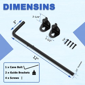 12 Inch Heavy Duty Cane Bolt Gate Drop Rod, Wrought Iron Gate Latch for Wooden Fences Metal Gates Doors, Drop Rod Kit for Double Gate, PVC Vinyl Metal Fences Gate Hardware, Black Finish, 1 Pack