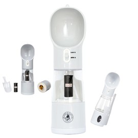 All-in-One Portable Dog Water Bottle, Food Dispenser, Poop Bag Dispenser, Dry/Wet Food Container 7 oz., Travel Water Bottle 9oz., 2 Poop Bags Included, Food Grade Plastic, Leak Proof-Grey Color