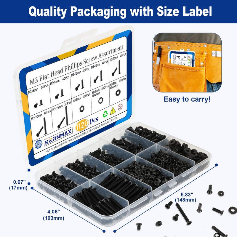 Kernmax 1120Pcs M3 Countersunk Screws Kit, M3 Flat Head Screws,