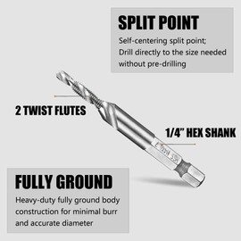 Hymnorq Metric HSS 4341 M4 x 0.7 Combination Drill and Tap Bit Set of 5pcs with 1/4” Hex Shank and Self-Centering Split Point for Tapping in Wood Plastic and Aluminum