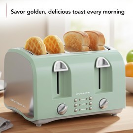 OVENTE Electric 4-Slice Toaster Machine with 6-Shade Selector Setting, Cancel Button, Defrost Function, Crumb Tray, 1400W Power and Wide Slots for Bagels, Waffles and Puff Pastry, TS4410LBL