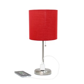 Simple Designs LT1144-RED Sleek and Slender Brushed Steel Table Lamp with Charging Outlet, for Bedroom, Living Room, Entryway, Office, Dining Room, Study, Red Shade