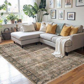 Rugxara Area Rugs for Living Room Bedroom, Washable Rug, Brown Vintage Retro Boho Rug, Non Slip & Low Pile Wool Thin Carpet for Indoor Dining Room, Kids Room and Office(Charcoal/Olive 4x6ft)