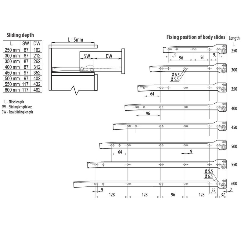 Roller Drawer Slides/Runners Bottom Fix Metal White L:550mm (1pair)