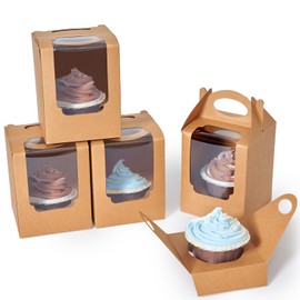 Shallive Cupcake Boxes 12pcs, Individual Cupcake Containers Brown with Window Insert and Handle, Pastry Box Single Muffins Holder Disposable for Bakery Wrapping Party Favor Packaging