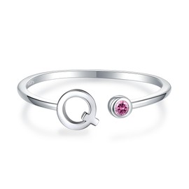 925 Sterling Silver Initial Letter Birthstone Rings for Women Adjustable 1-12 Month Birthstone Alphabet Stacking Ring for Teens Girls Stackable Birthstone Rings Birthday Jewelry Gift for Daughter Mom (Q, October-10)