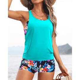 Aqua Eve 3 Piece Tankini Swimsuit for Women Tank Bathing Suit with Shorts Open Back Athletic Swimwear Aqua Colorful Floral S