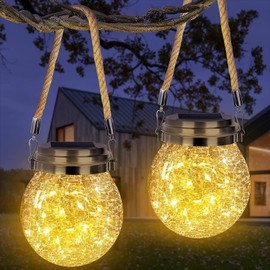 Solar Lantern Crackle Glass Ball, 2 Pack Garden Hanging Solar Lights Outdoor Waterproof Lanterns with 30 Warm White LED for Outdoor Decor Patio Yard Lawn Pathway