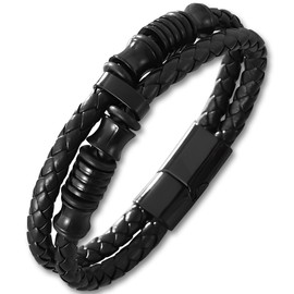 Tienyuu Men’s Double-Row Braided Leather Bracelet with Stainless Steel Ornaments – Black Leather Wristband Bangle