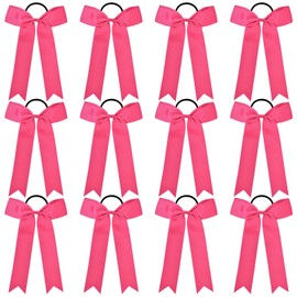 DEEKA 12 PCS Collegiate Style Cheer Bows Long Tail Skinny Ponytail Holder Handmade for Girls Teens Softball Cheerleader Sports -Shocking Pink