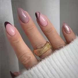 Enppode French Press on Nails Medium Almond Acrylic Nails,Artificial Glossy Purple Nails for Women and Girls