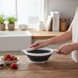 Handy Housewares 8" Round Space Saving Collapsible Silicone Kitchen Colander Food Strainer with Handle - White (1 Pack)