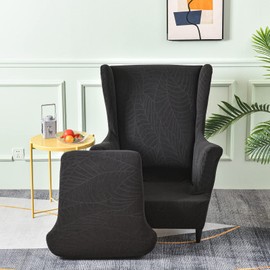 MIFXIN Wingback Chair Slipcover 2 Piece Stretch Wing Back Chair Cover with Cushion Cover Soft Washable Armchair Furniture Protector for Living Room Bedroom (Jacquard Black)
