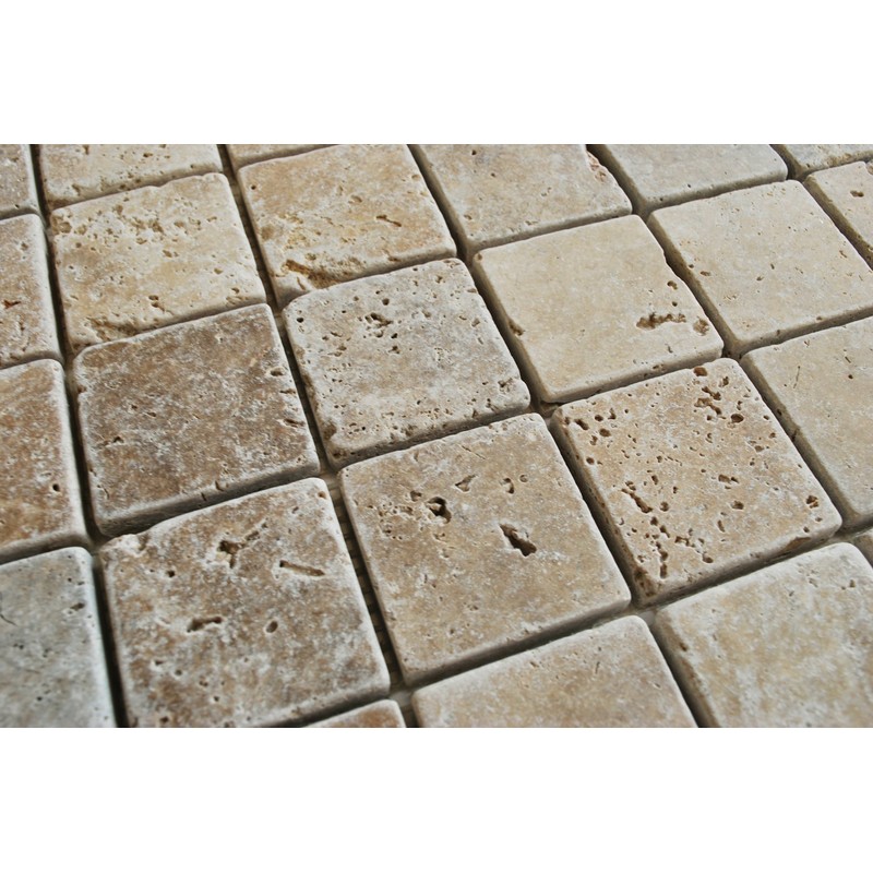 2x2 Walnut Tumbled Aged Travertine Mosaic Tile Wall and Floor