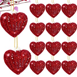 Bskifnn 12PCS Heart Ornaments for Valentine Crystal Glass Heart Shape Hanging Ornaments for Christmas Valentine's Anniversary Wedding Party Decoration (Red)