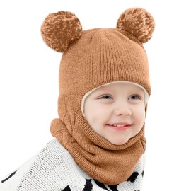 BBXWANG Baby Winter Hat Scarf Set, Unisex Todders Winter Beanie Hat, Fleece Lined Cute Double Ball Design for 2-7 Ages Baby Kids Brown