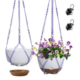 Koalaime 2 Pack Hanging Planters Set,10 Inch Indoor Outdoor Hanging Plant Pot Basket,Hanging Flower Pot with Drainage Hole with 3 Hooks for Garden Home(Purple Hanger White Planters)