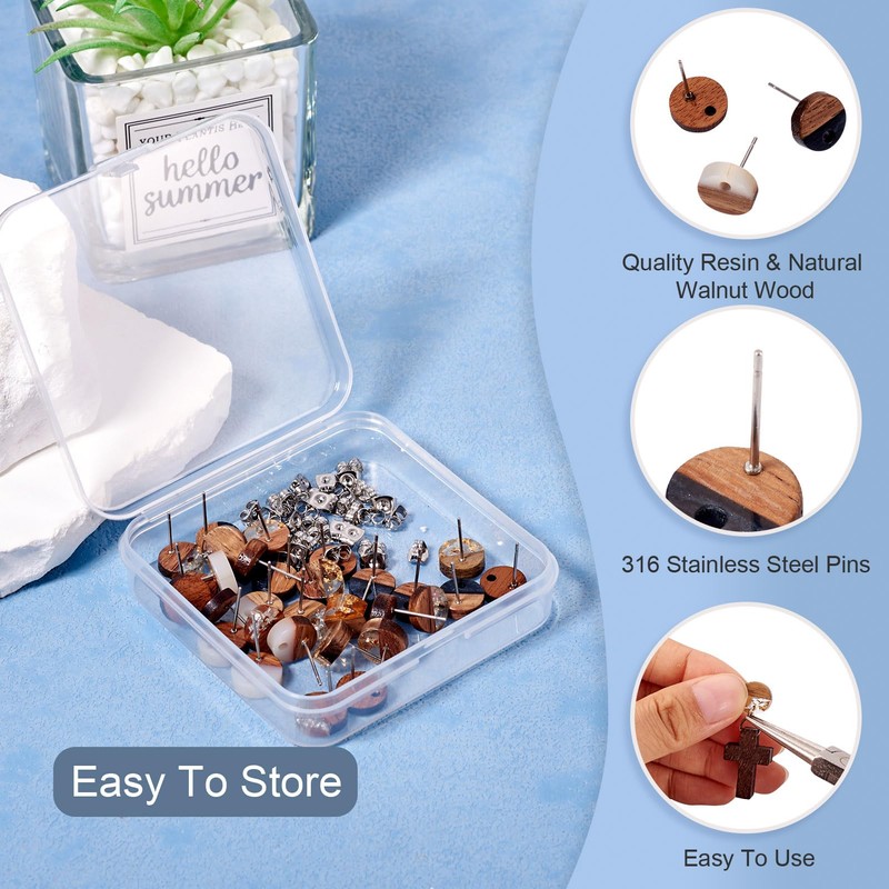 PandaHall 30pcs Resin Wood Stud Earrings, 10mm Flat Round Wooden
