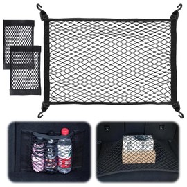 Kofferraumnetz Gepäcknetz Auto 70 x 50cm Erstreckt Sich auf 140 x 100cm Mit 4 Massiven Haken + 2 Organizer Netztasche, Kofferraum Netz, Elastischer Rand hält Lasten Fester, für die Meisten Autos