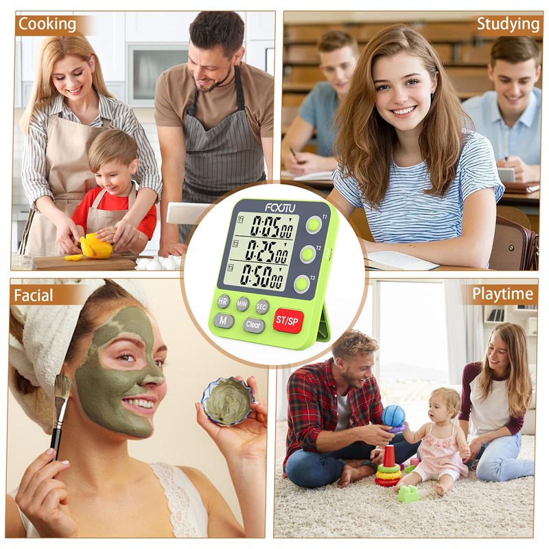 FCXJTU Digital Dual Triple Kitchen Timer, 3-Channel Magnetic Countdown Timer
