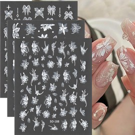 6 Sheets Flowers Nail Stickers 3D Self Adhesive Nails Decals Design Black White Flowers Bows Nail Decals for Women Girls DIY Manicure Decoration Flowers Nail Art Stickers Supply