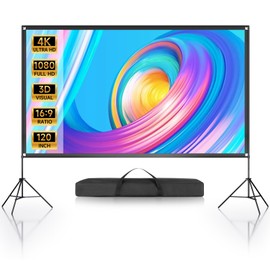 Projector Screen with Stand, 120 inch Portable Projector Screen for Indoor Outdoor 16:9 4K 1080p HD Wrinkle-Free Rear Front Projection Screen with Carry Bag for Backyard Movie Night
