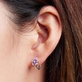 Qings Flower Hoop Earrings Women's 925 Sterling Silver Hypoallergenic Small Hoop Earrings Purple Flower Huggie Earrings Fashion Cartilage Earring Birthday Gift for Girls Daughter, Metal, Cubic