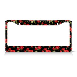Beabes Red Roses Black License Plate Frame Retro Flower License Plate Holder Art Love Romantic Car Tag Frame License Plate Car Accessories 2 Holes Novelty Auto Car Tag Vanity Present