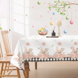DISENB Easter Tablecloth 60 x 84 Inch, Buffalo Plaid Bunny Ear Foot Flowers Table Cloth, Stain and Wrinkle Resistant Washable Rectangle Table Cover for Spring Easter Holiday Party Dinner Table Decor