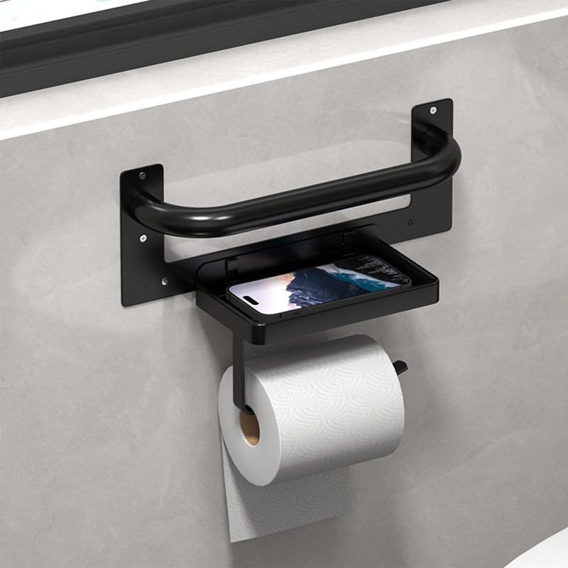 Toilet Paper Holder with Assist Bar - Matte Black Bathroom