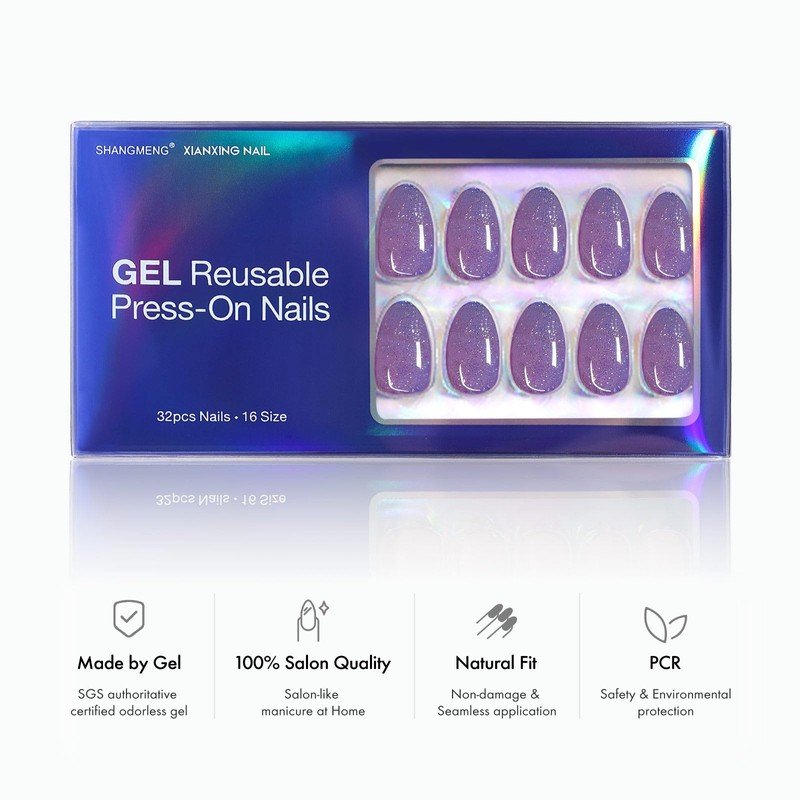 SHANGMENG Purple Glitter Press on Nails Almond - Soft Gel