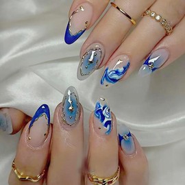 Summer Press on Nails Medium Blue French Tip Fake Nails with Silver Chrome lines Design Star Acrylic Nails Sea Wave Marble Pattern Almond False Nails Artificial Glue on Nails for Women Manicure 24Pcs
