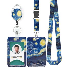 Pawfly Fashionable Sliding Badge Holder Van Gogh Starry Night Plastic Card Holder with Retractable Badge Reel Carabiner Detachable Lanyard Vertical Card Protector for Office Worker Teacher Student