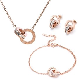 Hanaoops Jewellery Set for Women Necklace Bracelet and Earrings Set Double Circle Pendant Cubic Zirconia Round Interlocking Pendant Jewellery Gifts for Teen Girls Women