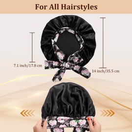 IJRPLM 2Pcs Silk Bonnet for Sleeping,Large Satin Bonnet with Tie Band,Night Sleep Cap for Women,Satin Bonnet for Curly Hair(Black + Pink)