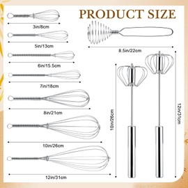 Teenyyou 10 Pcs Stainless Steel Whisk Set Egg Beater Semi Auto Whisk Blender Hand Push Whisk Spring Coil Whisk Versatile Utensil for Mixing Blending Beating Stirring Cooking 3 5 6 7 8 10 12 inch