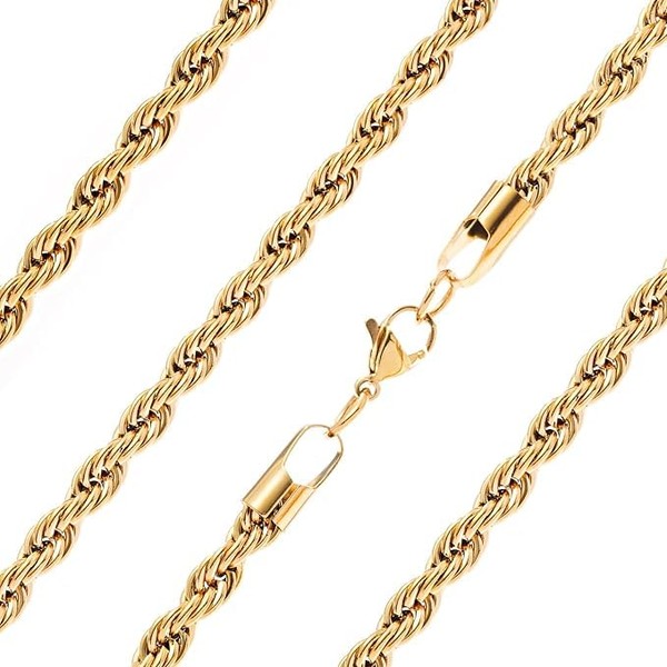 Caijewl Mens Gold Rope Chain | Stainless Steel Gold Plated