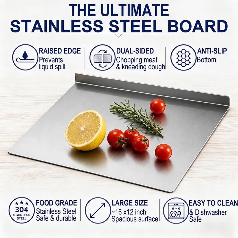 Stainless Steel Cutting Board with Counter Lip,Metal Pastry Board Kitchen