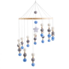Baby Bed Wooden Wind Chimes, Mobile Baby Bed Bell, Baby Mobile, with Wooden Stars and Felt Balls, Hanging Bed Bell Mobile for Girls and Boys (Blue)