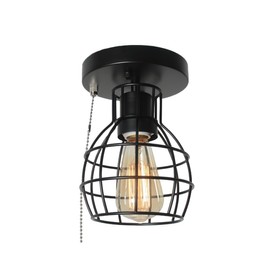 Beuhouz Pull String Semi Flush Mount Ceiling Light, Round Modern Industrial Close to Ceiling Light Fixture with Pull Chain Black Metal Cage Foyer Kitchen Ceiling Light 1-Light Edison E26 8087