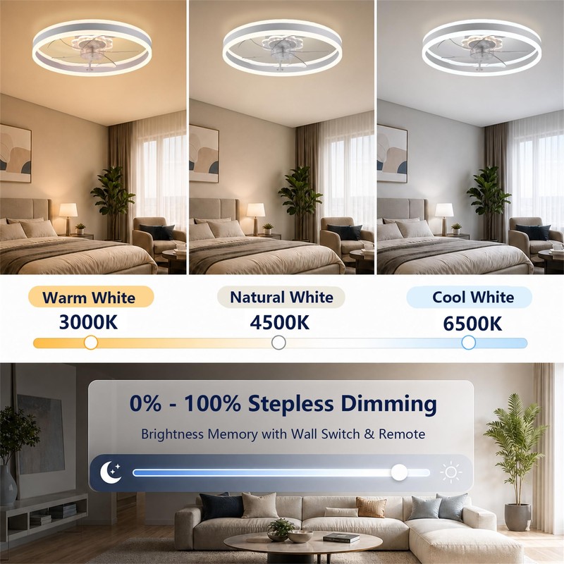 Fszdorj 24'' Ceiling Fan with Light and Remote,White Low profile