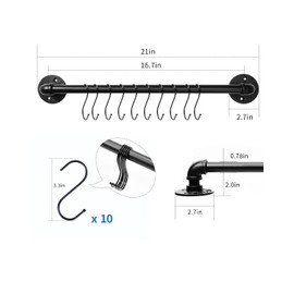 Bailoo Industrial Pipe Pot Pan Rack 21" (2 Pack), Wall mount Pot hangers Pan Hanging Rail Lid Hanger for kitchen with 10 S Hooks