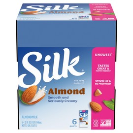 Silk Shelf-Stable Almond Milk, Unsweetened, Dairy-Free, Vegan, Non-GMO Project Verified, 1 Quart (Pack of 6)