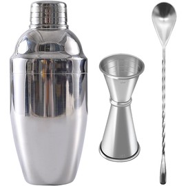 Cocktail Shaker 500ml 0.8mm Thick Cup Body Measuring Cup 30ml 45ml Graduated Measuring Cup Bar Spoon 20cm Muddler Bar Supplies Bartender Bar Tool 18-8 Stainless Steel Beginner Commercial Home Shaker Bar Set