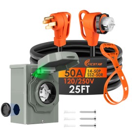 Ficstar 25FT 50 Amp Generator Cord and Power Inlet Box Kit, NEMA 14-50P to SS2-50R Generator Extension Cord, Pre-Drilled 50 Amp Generator Inlet Box with STW Wire, 125/250V, 12500W;ETL Listed