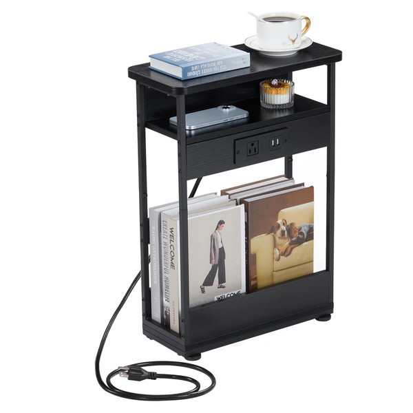 YEAKOO Narrow Side Table with Charging Station, 3-Tier End Table