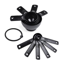 Measuring Cups and Spoons Set 10 Pieces, Durable Plastic Kitchen Measuring Spoons with Easy-Read Double Markings, Hang Hole and Nesting for Easy Kitchen Storage, Dishwasher Safe(Black)