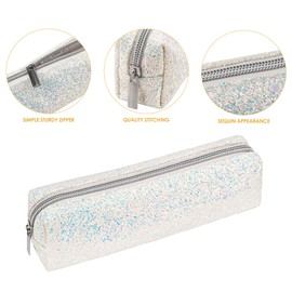 Biiange White Pencil Box Glitter, Shiny Pencil Case, Stationery Zipper Portable Case, Storage Bag, for Daily Work (1Pcs)