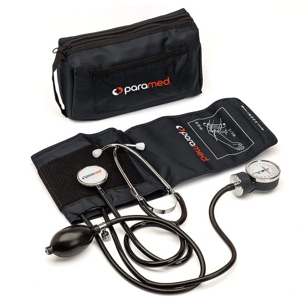 PARAMED Aneroid Sphygmomanometer with Stethoscope – Manual Blood Pressure Cuff with Universal Cuff 8.7 - 16.5" and D-Ring – Carrying Case in The kit – Black