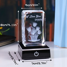 Movdyka 3D Crystal Rose Flower Figurine I Love You Mom Gifts for Her, Birthday Unique Gifts for Mom from Daughter Son with Light Base, Engrave Great Best Mom Ever Present for Christmas Mother's Day